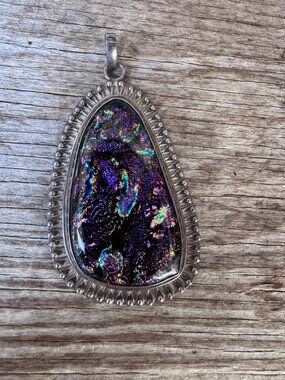 Artisan Dichroic Glass Pendant Sterling Silver Large 925 34.92g 3.25” Boho